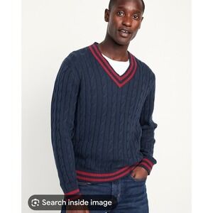 Old Navy Mens XL Tall Navy Blue Cable Knit V-Neck Sweater Red Trim Cotton Preppy